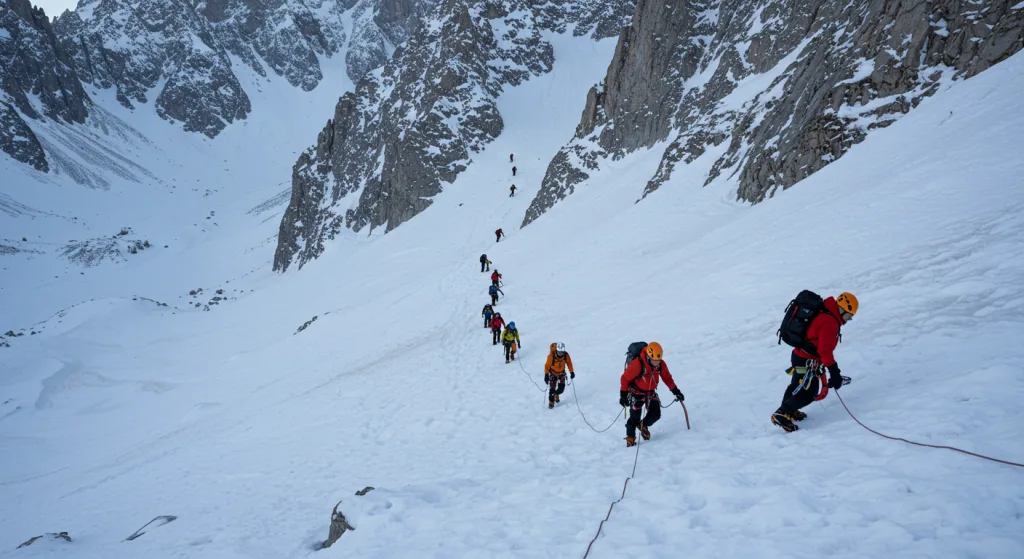 Alpinisti con piccozza e ramponi impegnati sul Canale Per Elisa al Monte Gallinola, escursione alpinistica invernale CAI Campobasso