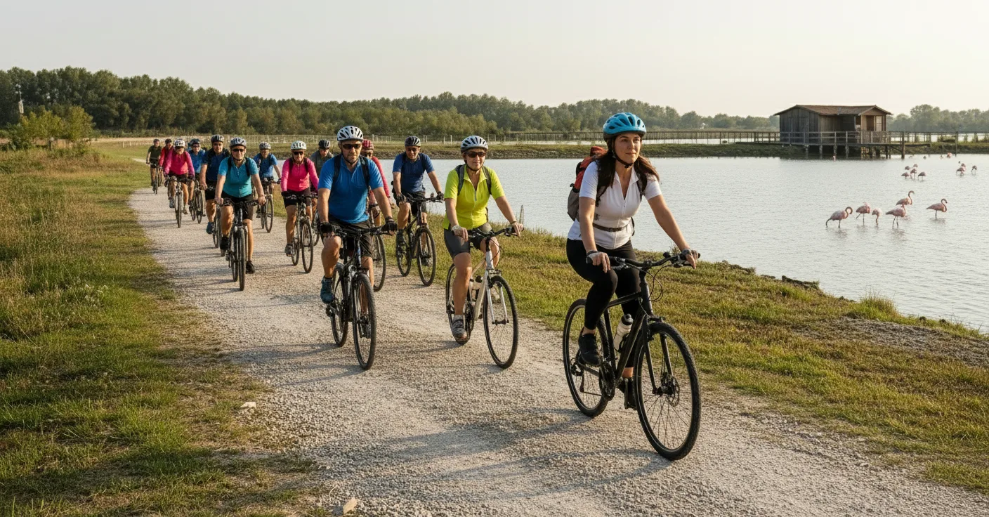 Cicloescursionisti del CAI pedalano lungo le Valli di Comacchio durante l'evento intersezionale nel Parco del Delta del Po.