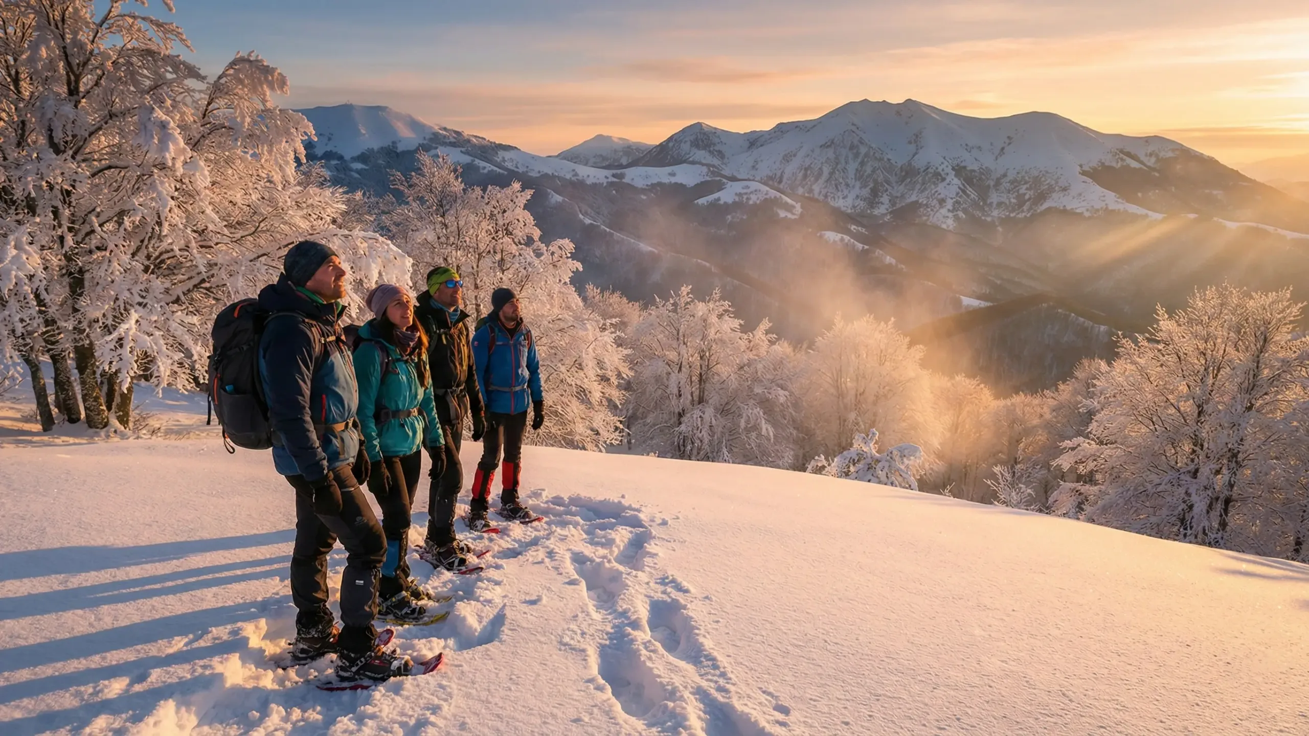 Gruppo escursionisti con ciaspole al tramonto durante ciaspolata