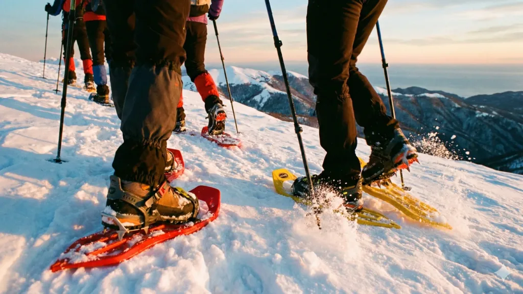 Gruppo di escursionisti con le ciaspole in fila indiana in un paesaggio innevato del Matese.