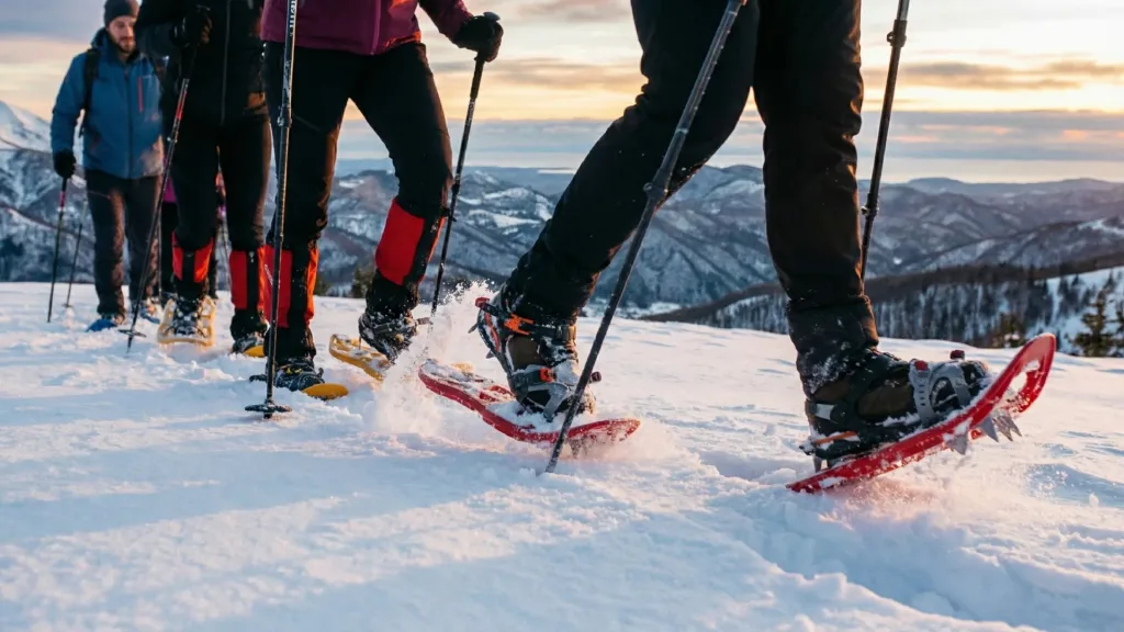 Primo piano sulle ciaspole di ciaspolatori