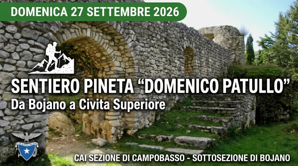 Locandina dell'escursione CAI sul Matese verso Civita Superiore con vista panoramica sul borgo storico di Bojano e la pineta