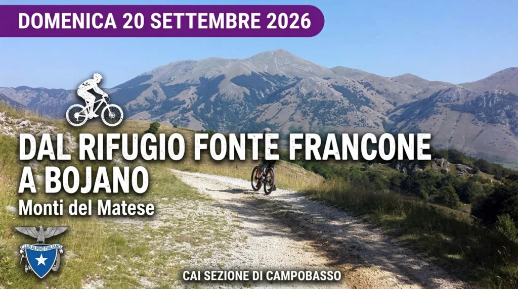 Locandina dell'evento di cicloescursione del CAI Campobasso dal rifugio Fonte Francone a Bojano con ciclista in mountain bike sui Monti del Matese