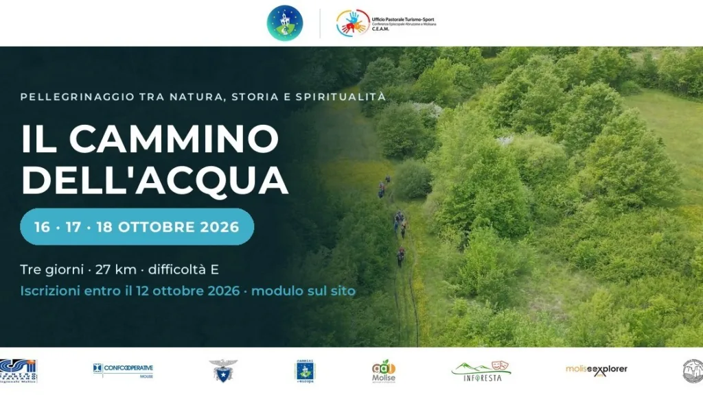 Locandina ufficiale de Il Cammino dell'Acqua 2026 in Molise, con date dal 16 al 18 ottobre 2026 e indicazione delle tappe tra Cercemaggiore e Castelpetroso