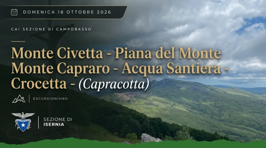 Locandina orizzontale dell'escursione CAI a Capracotta lungo i crinali di Monte Civetta e Monte Capraro.