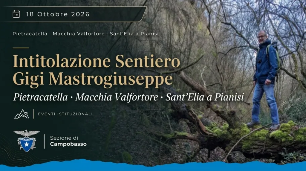 Locandina ufficiale dell'evento di intitolazione del sentiero CAI Gigi Mastrogiuseppe nella Valle del Fortore del 18 ottobre 2026